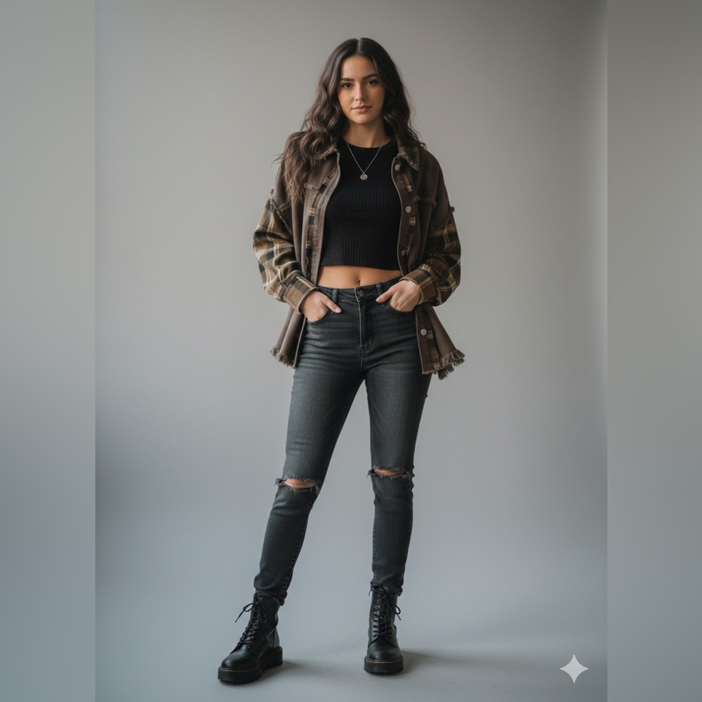 Ces Femme Brown Raw Edge Denim & Plaid Shacket - Small